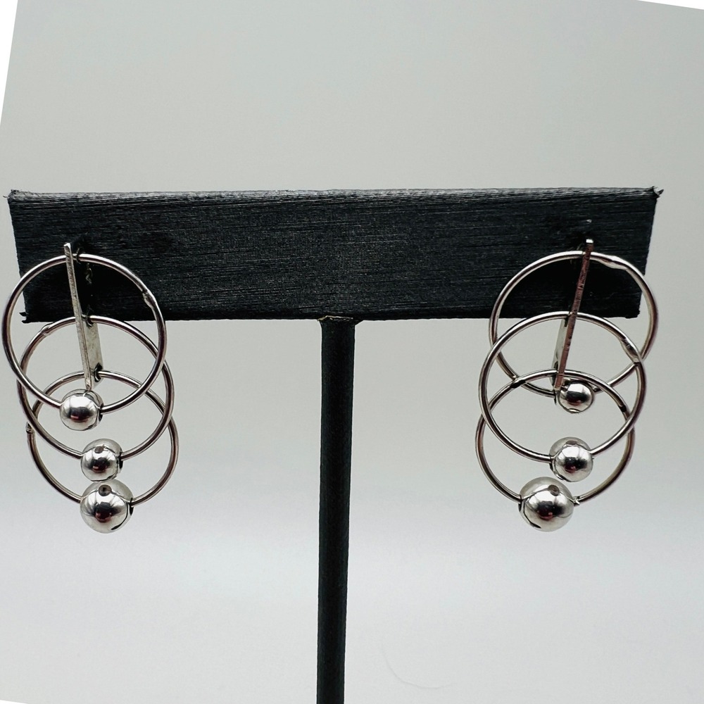 Triple Graduated Hoop Ball Post Earrings Pierced Drop Dangle Modernist Geometric